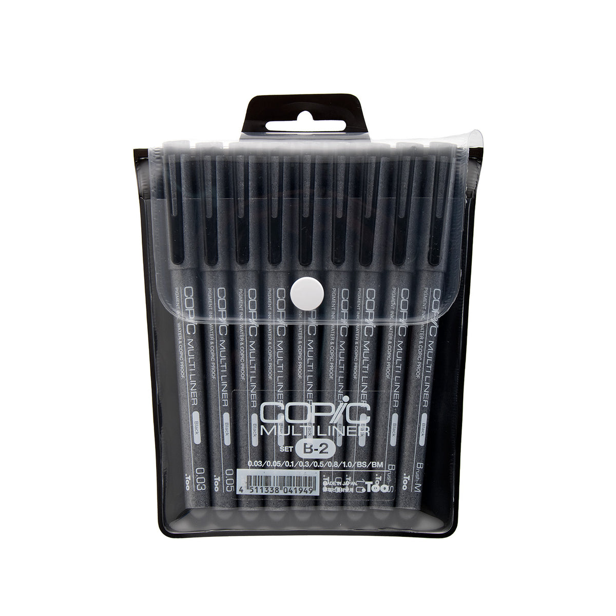 Copic Multiliner Set B-2 of nine black pens including two brush pens in a clear snap pouch
