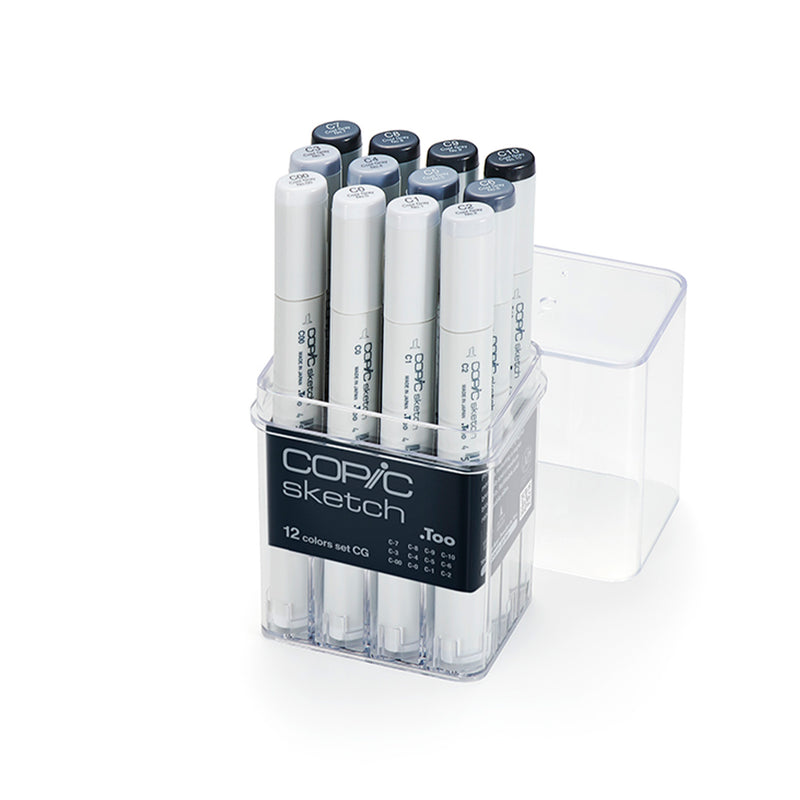 Copic Sketch 12 Cool Grey markers standing in an open clear acrylic case with the lid beside it