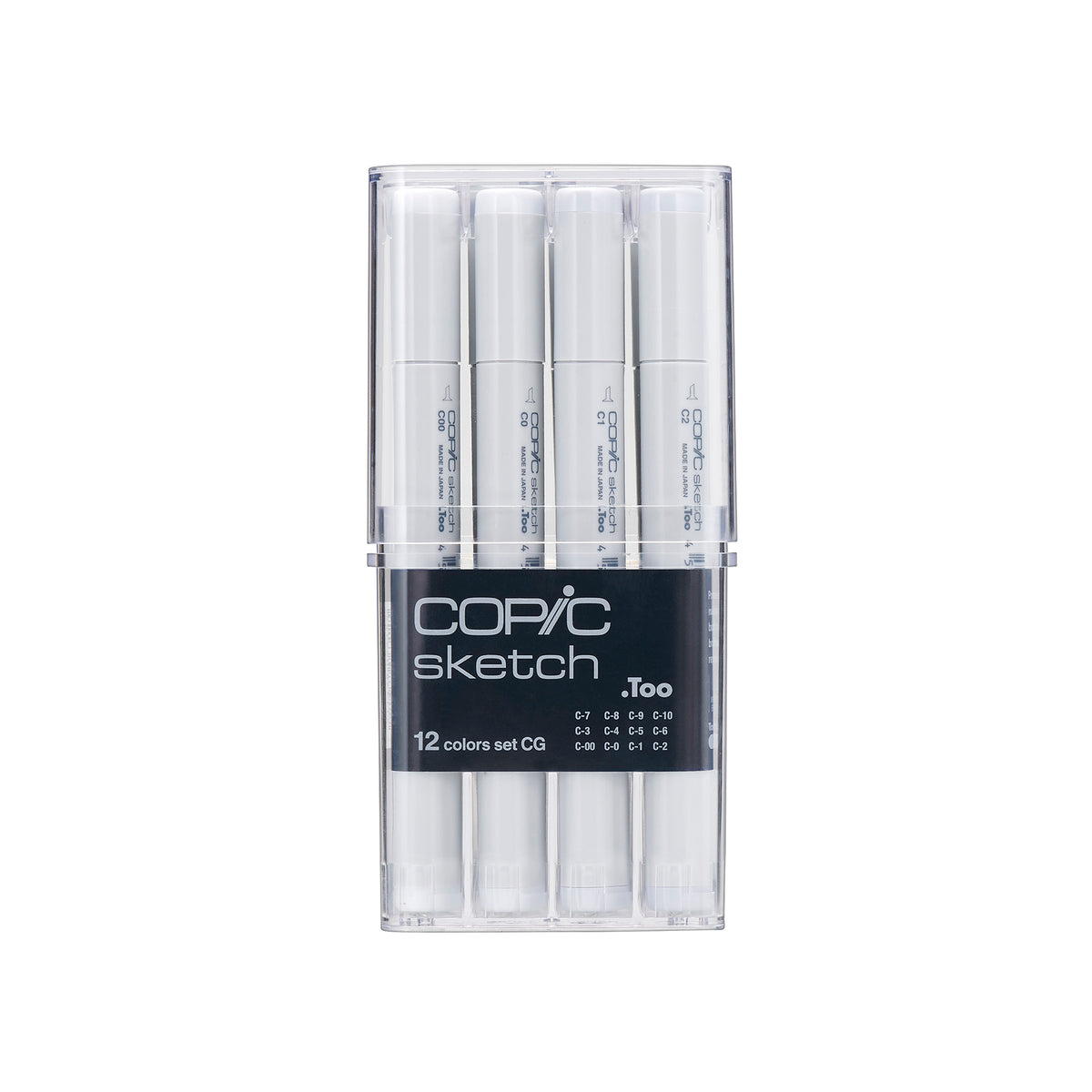 Closed clear case of Copic Sketch 12 colour set CG with black band listing grey codes