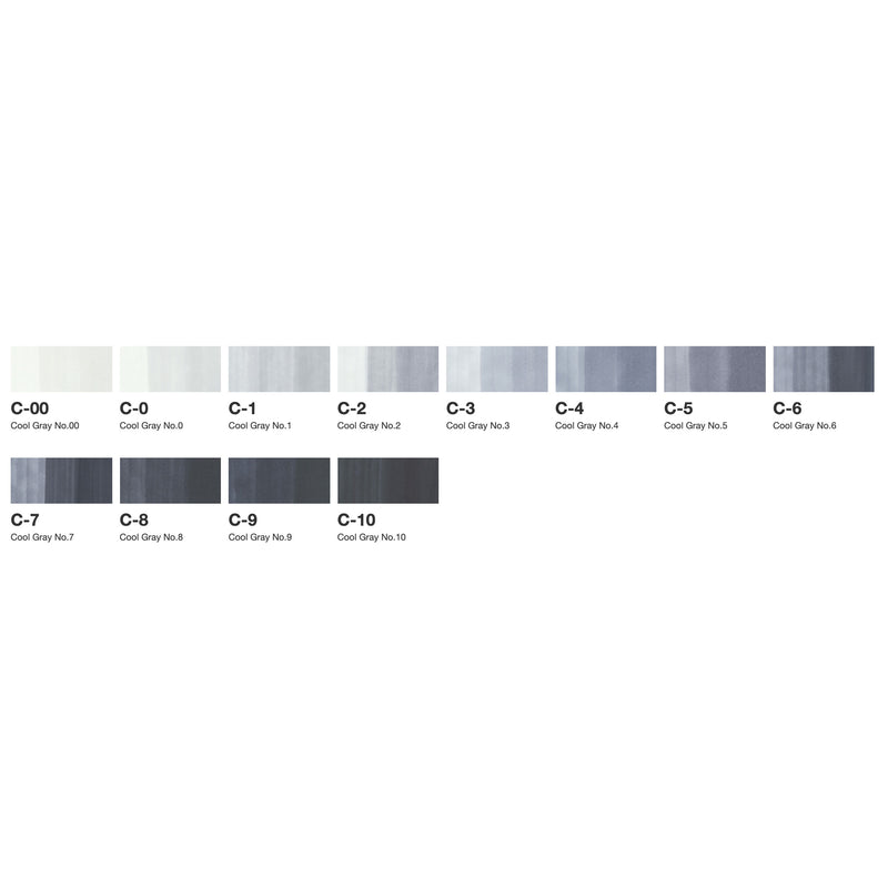 Swatch chart of Copic Cool Grey colours C-00 through C-10 from lightest to darkest