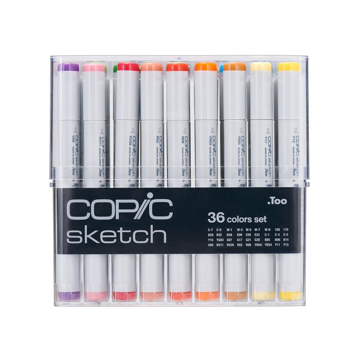 Closed Copic Sketch 36 colour set case with black band of printed codes