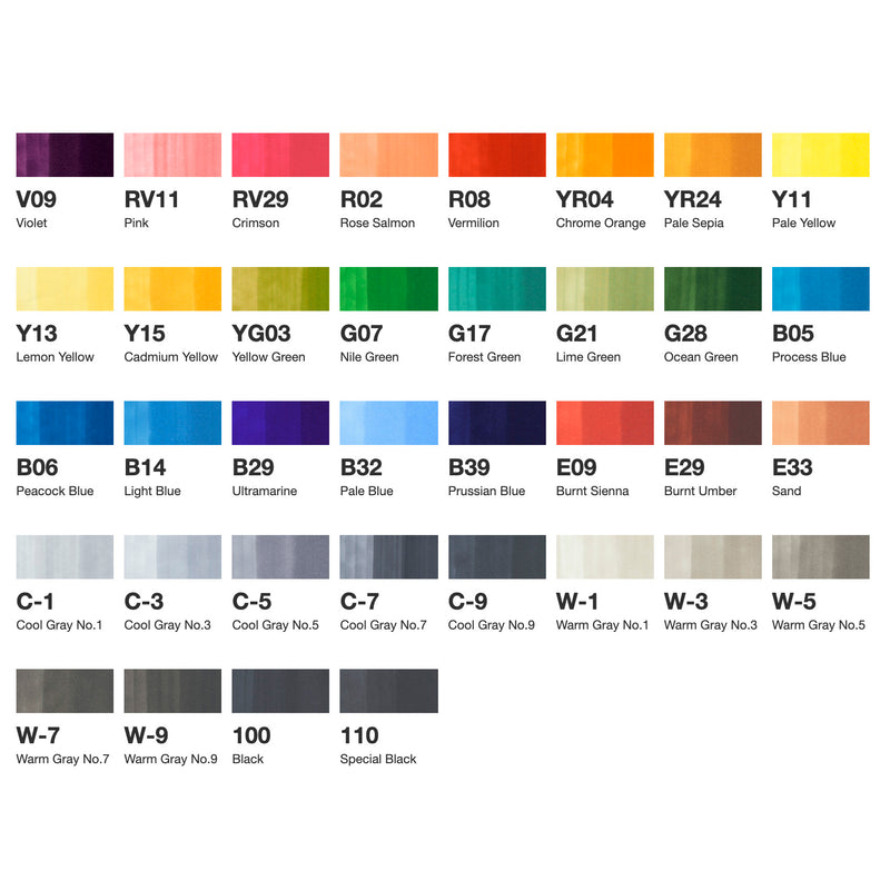 Swatch chart of 36 Copic Sketch colours from V09 Violet to 110 Special Black
