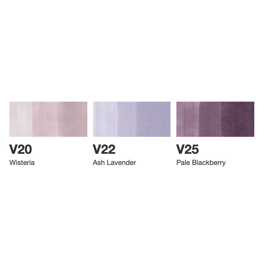Swatch chart of V20 Wisteria, V22 Ash Lavender and V25 Pale Blackberry marker colours