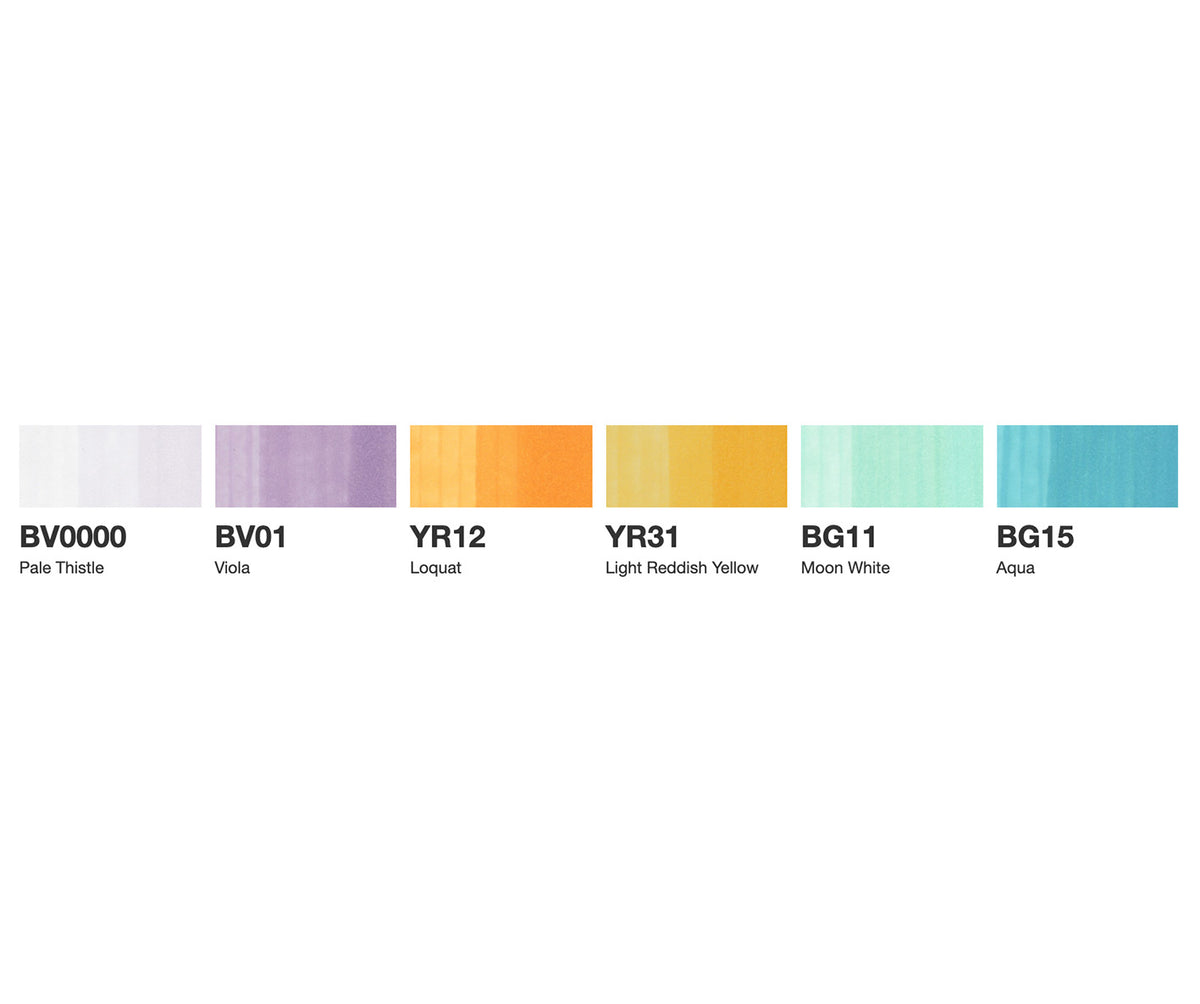 Swatch chart of BV0000, BV01, YR12, YR31, BG11 and BG15 Copic colours