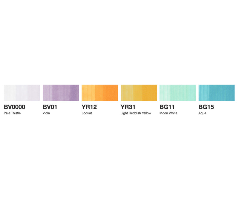 Swatch chart of BV0000, BV01, YR12, YR31, BG11 and BG15 Copic colours