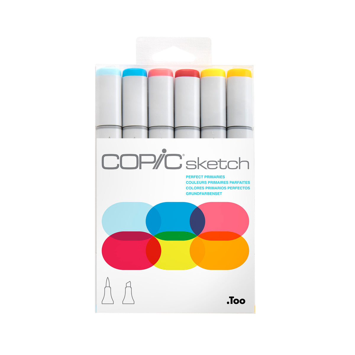 Copic Sketch Perfect Primaries hanging pack of six markers with red, yellow and blue caps