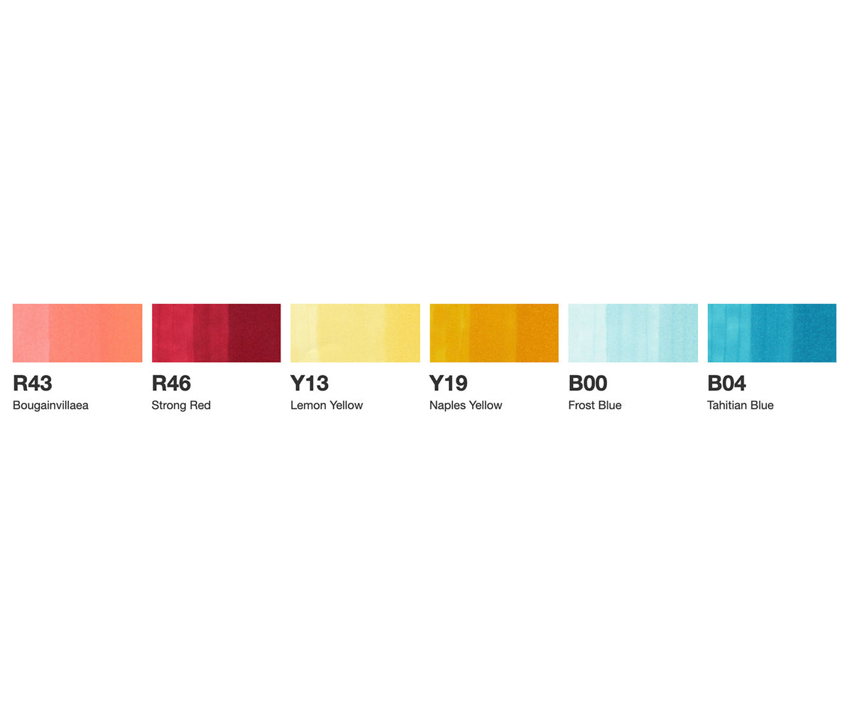 Swatch chart of R43, R46, Y13, Y19, B00 and B04 Copic colours