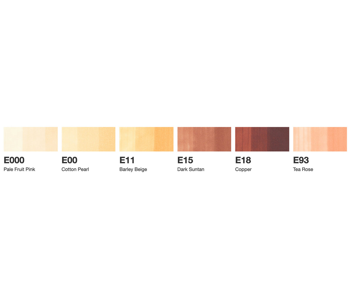 Swatch chart of E000, E00, E11, E15, E18 and E93 Copic skin colours