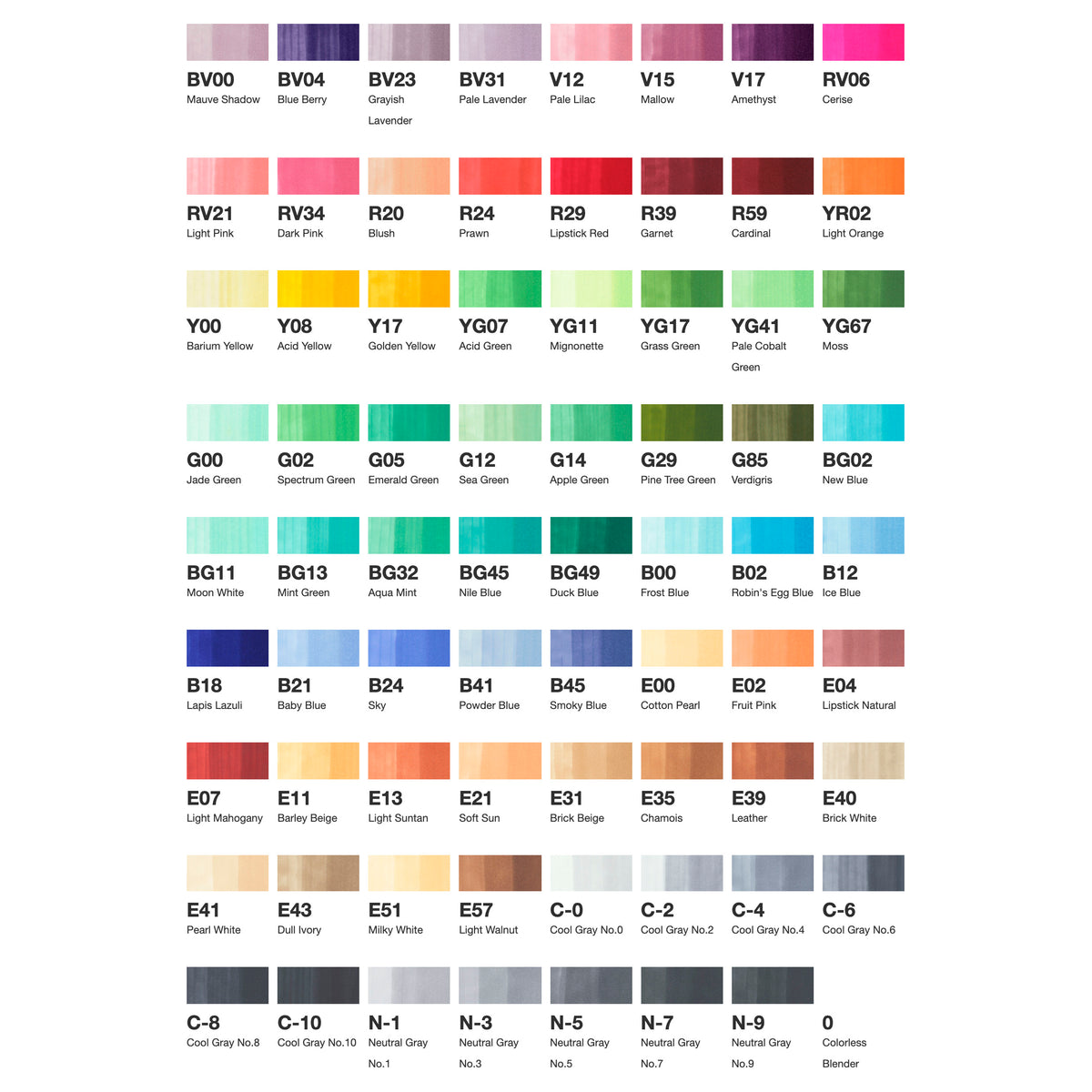 Swatch chart of Copic Sketch Set B colours from BV00 to 0 Colourless Blender