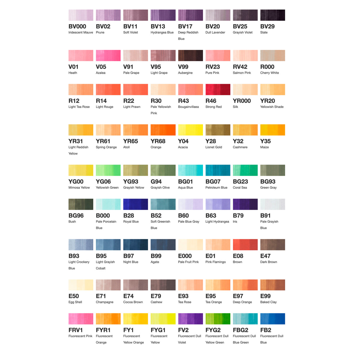 Swatch chart of Copic Sketch Set D colours including fluorescent FRV1 to FB2