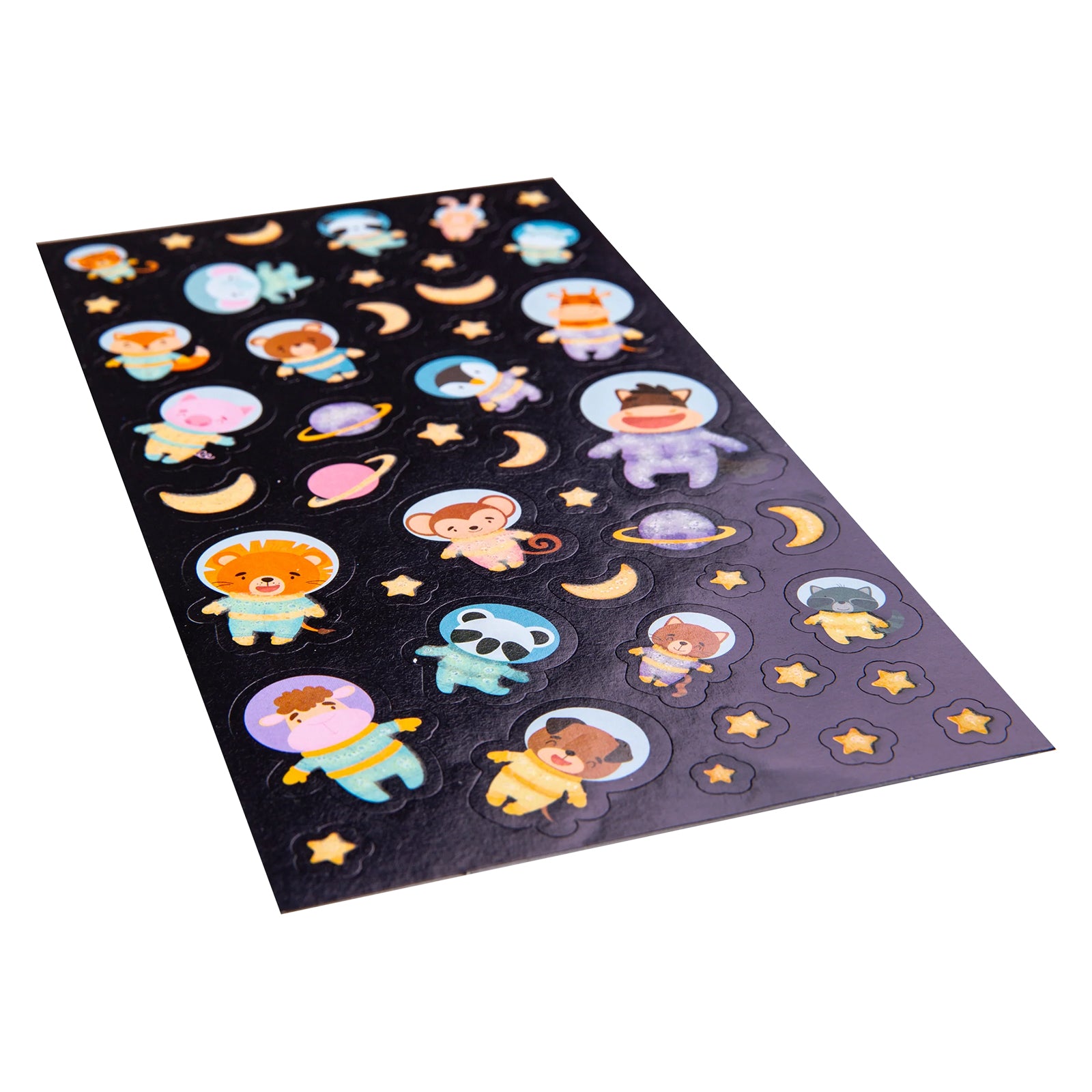 Angled close up of the Cosmic Critters sticker sheet highlighting the raised sticker design and colourful glow elements. The collection features animal astronauts exploring a playful galaxy.