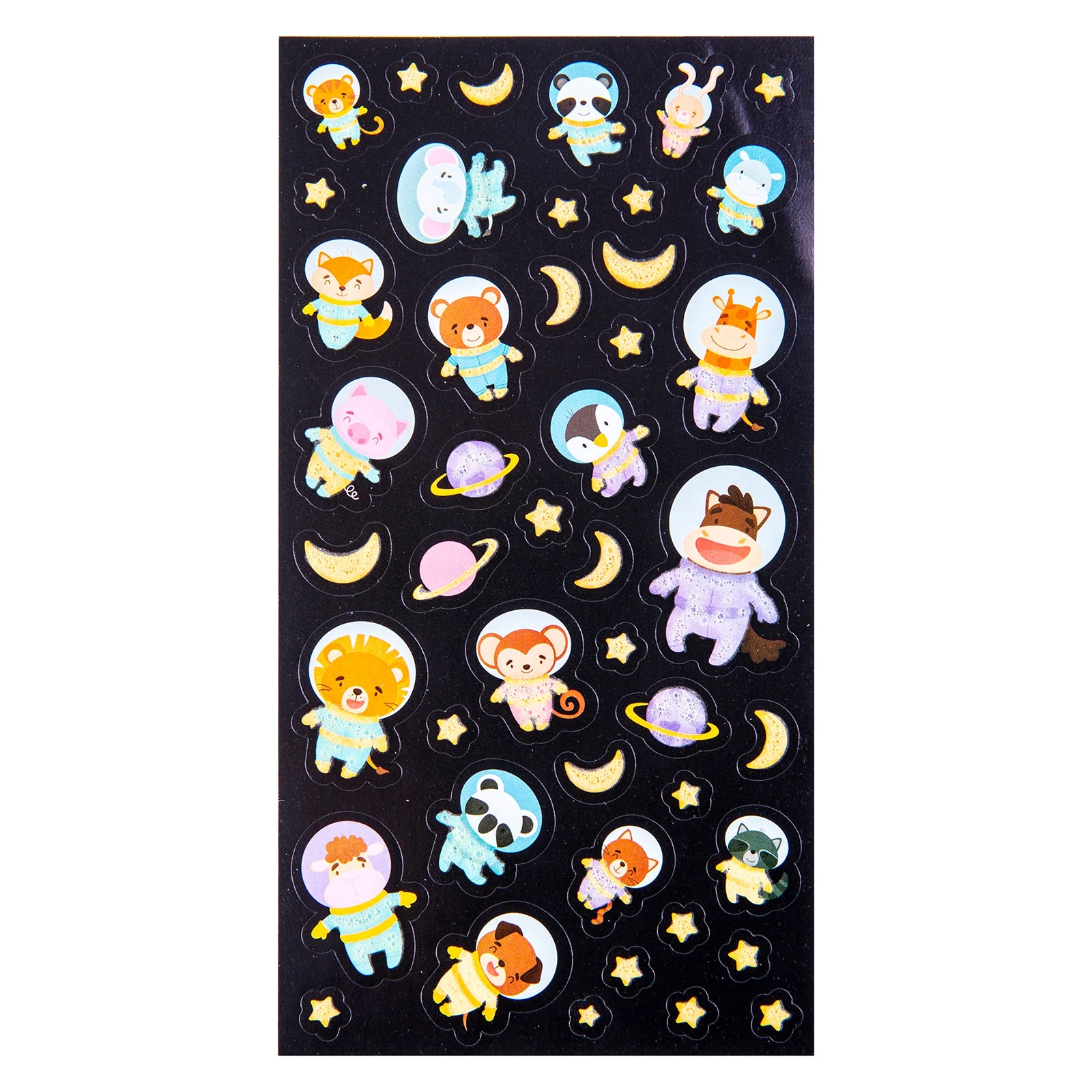 Complete sticker sheet showing all 45 glow in the dark stickers including lions, pandas, rabbits, foxes, giraffes, planets, stars and crescent moons arranged across a black space background.