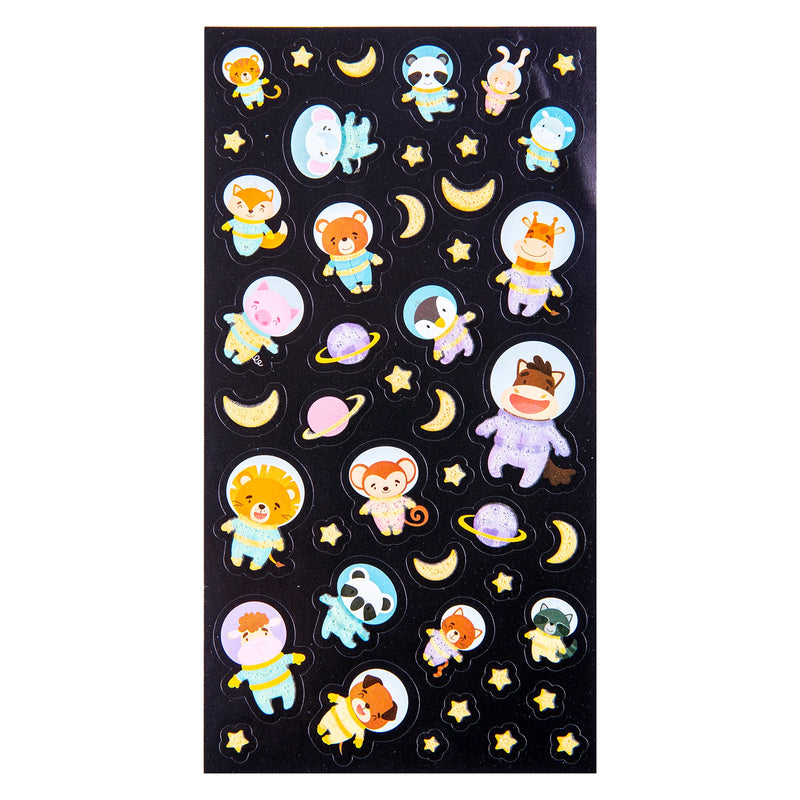 Complete sticker sheet showing all 45 glow in the dark stickers including lions, pandas, rabbits, foxes, giraffes, planets, stars and crescent moons arranged across a black space background.