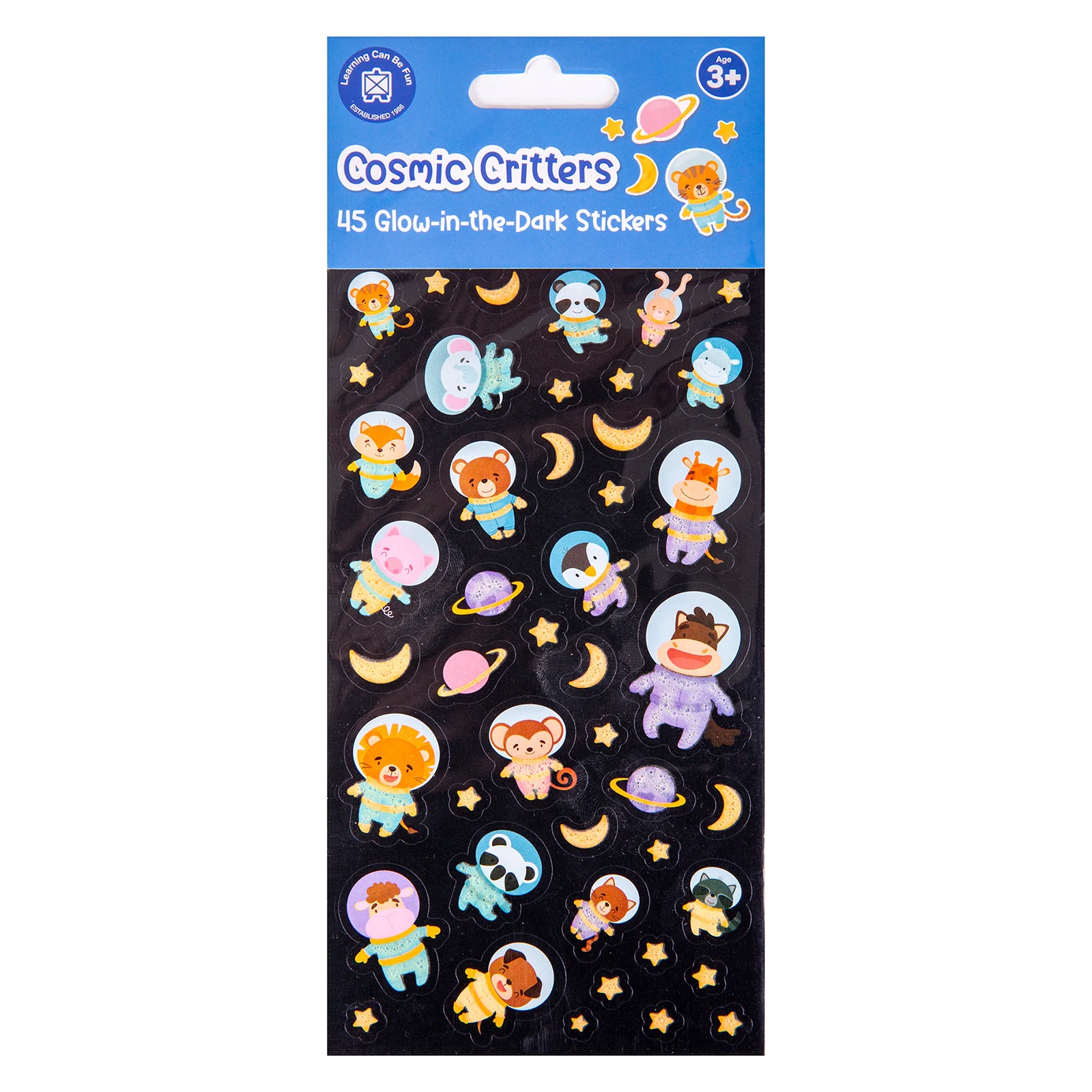 Retail packaging of the Learning Can Be Fun Cosmic Critters Glow in the Dark Sticker Set displaying product branding, age suitability and a preview of the space themed sticker collection.