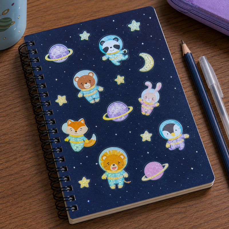 Spiral notebook decorated with glowing space animal stickers including a panda, bear, rabbit, fox, penguin and lion dressed in astronaut suits. Colourful planets, stars and moons create a playful galaxy themed scene.