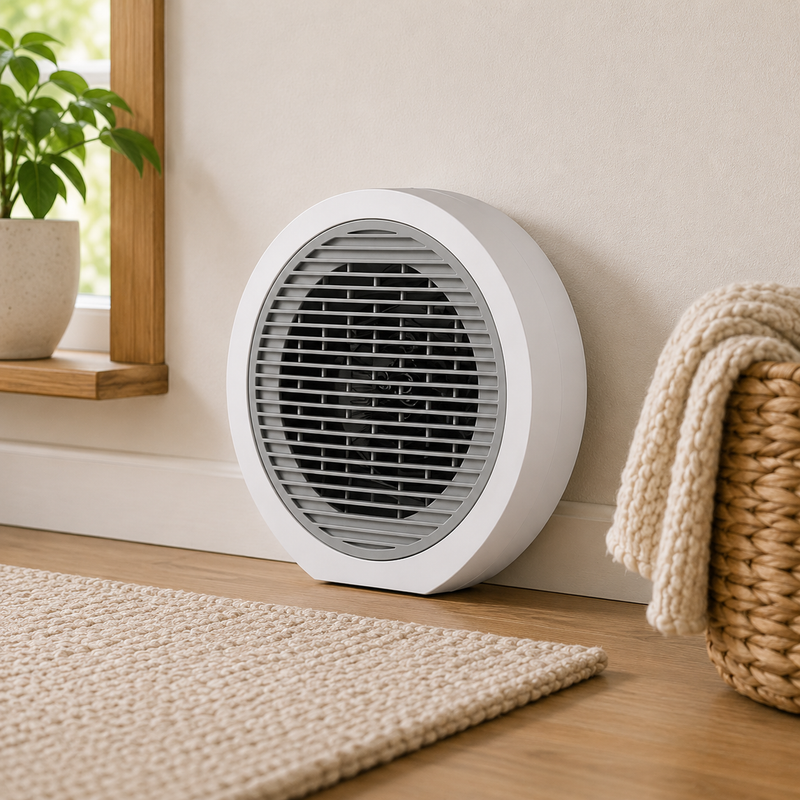 White Nero globe fan heater placed on a wooden floor near a rug, woven basket, throw blanket and window plant.