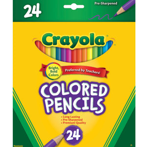 Crayola Colored Pencils 24 pack in a yellow and green box with a window showing the pencil tips, Preferred by Teachers banner and pre-sharpened label