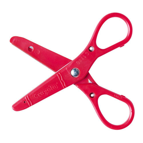 Close-up of Crayola safety scissors showing rounded tip and contoured handle design