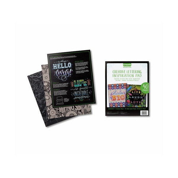 Hand-lettering tutorial pages inside the Crayola Inspiration Pad