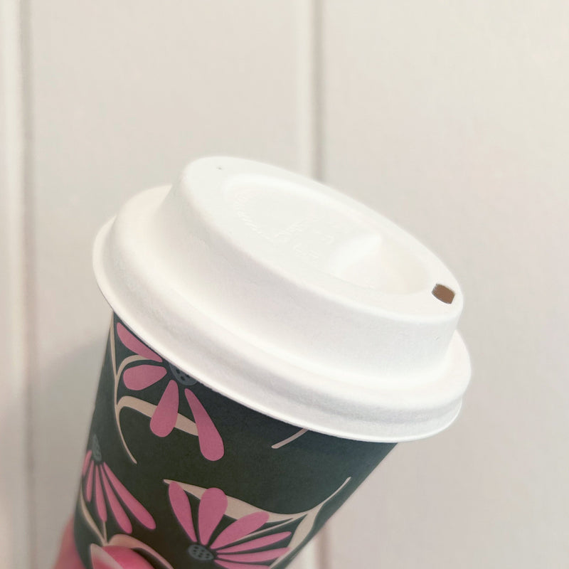 80mm sugarcane fibre home compostable lid on a 6oz takeaway coffee cup