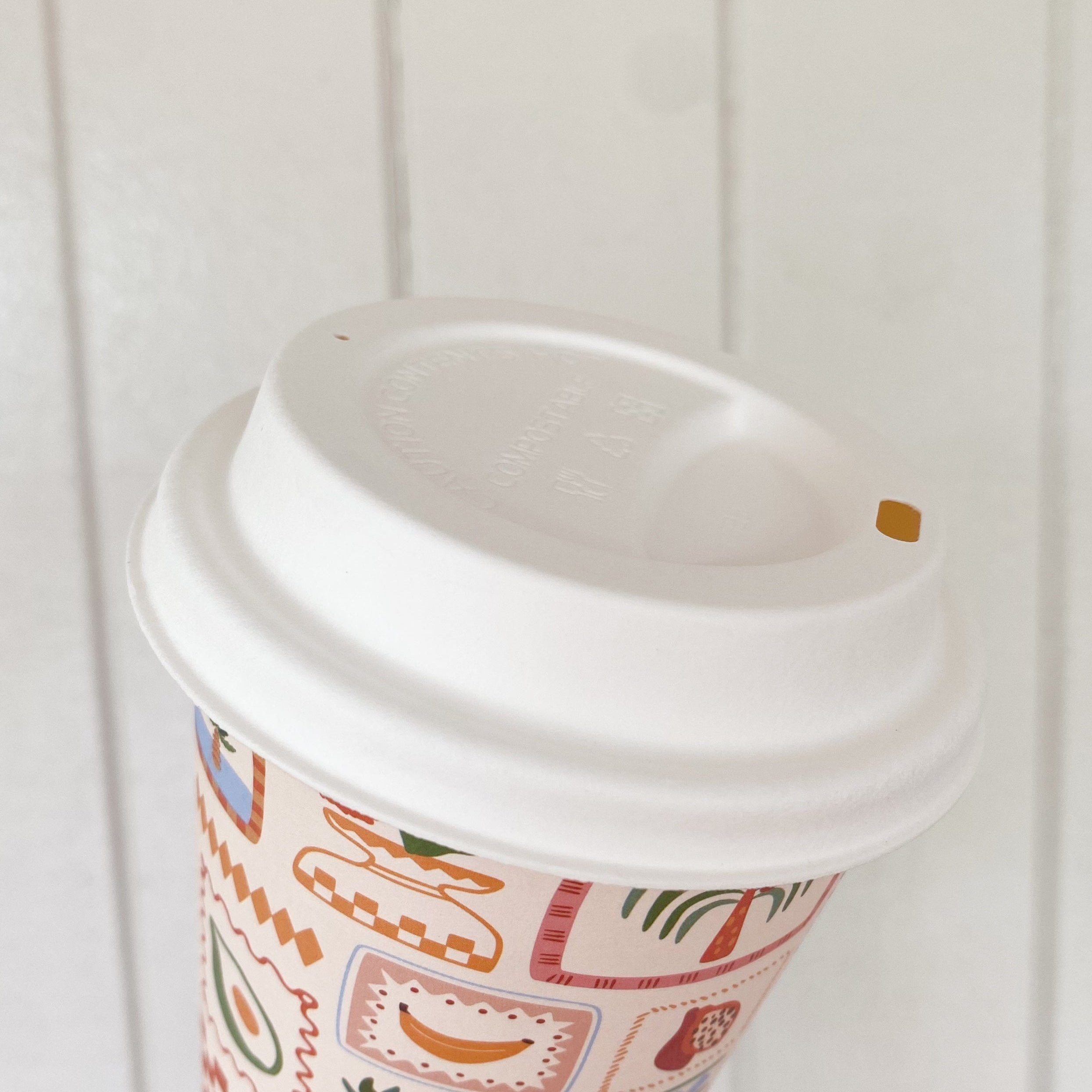 Natural sugarcane fibre 90mm hot coffee lid shown from above on a white background
