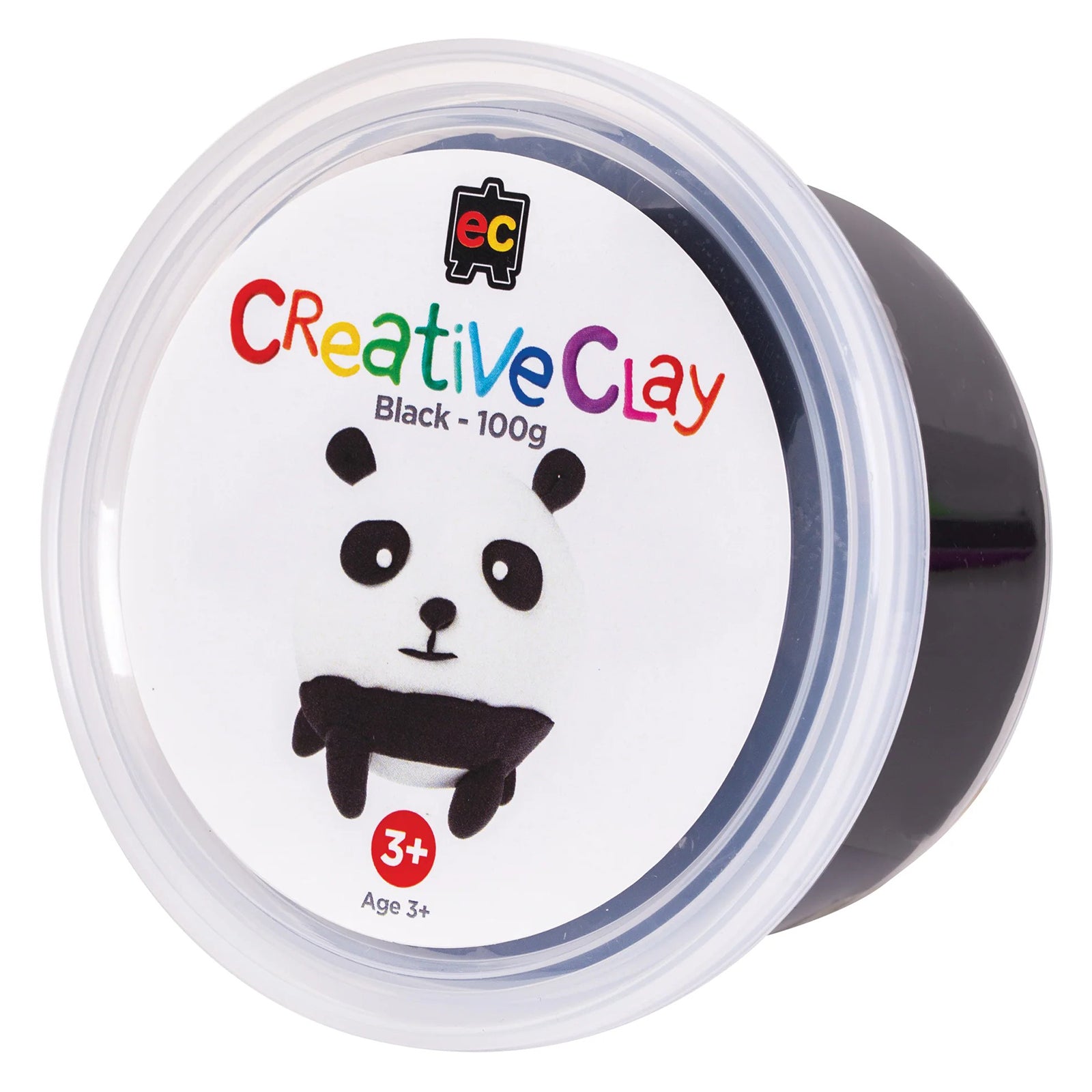 Product packaging of Educational Colours CreativeClay Black 100g shown against a clean background. The container label clearly identifies the colour and weight, making it suitable for retail, educational and online product presentation.