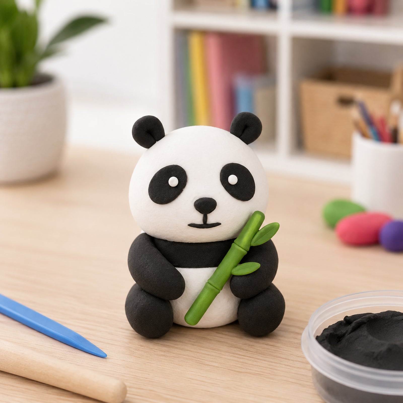 Finished panda sculpture created using black and white CreativeClay displayed on a tabletop with sculpting tools and an open container of clay nearby. The image highlights the clay's ability to create clean shapes, detailed features and lightweight decorative models.