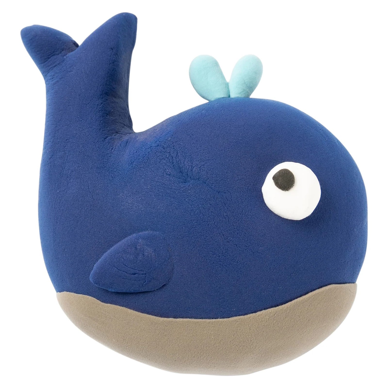 Side profile of a handcrafted blue whale figure featuring clean contours, textured details and contrasting accents. The image demonstrates how the clay can be shaped into playful characters, educational models and decorative craft pieces.