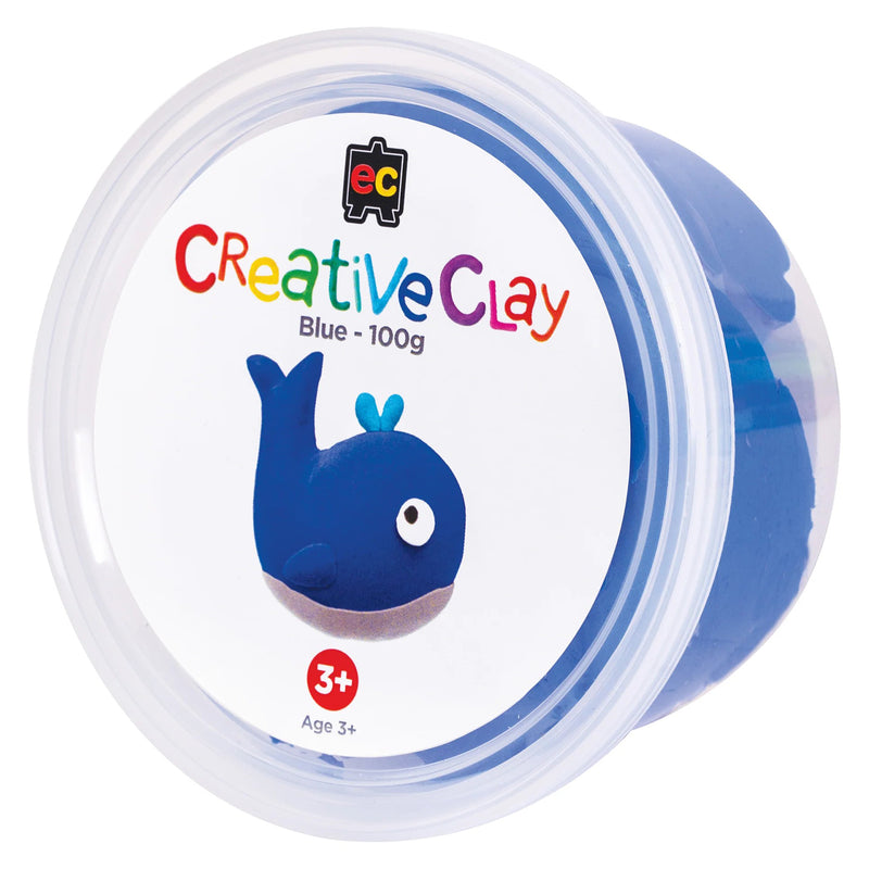 Retail packaging of Educational Colours CreativeClay Blue 100g displayed against a clean white background. The product container clearly shows the colour identification, branding and age suitability for arts, crafts and educational activities.