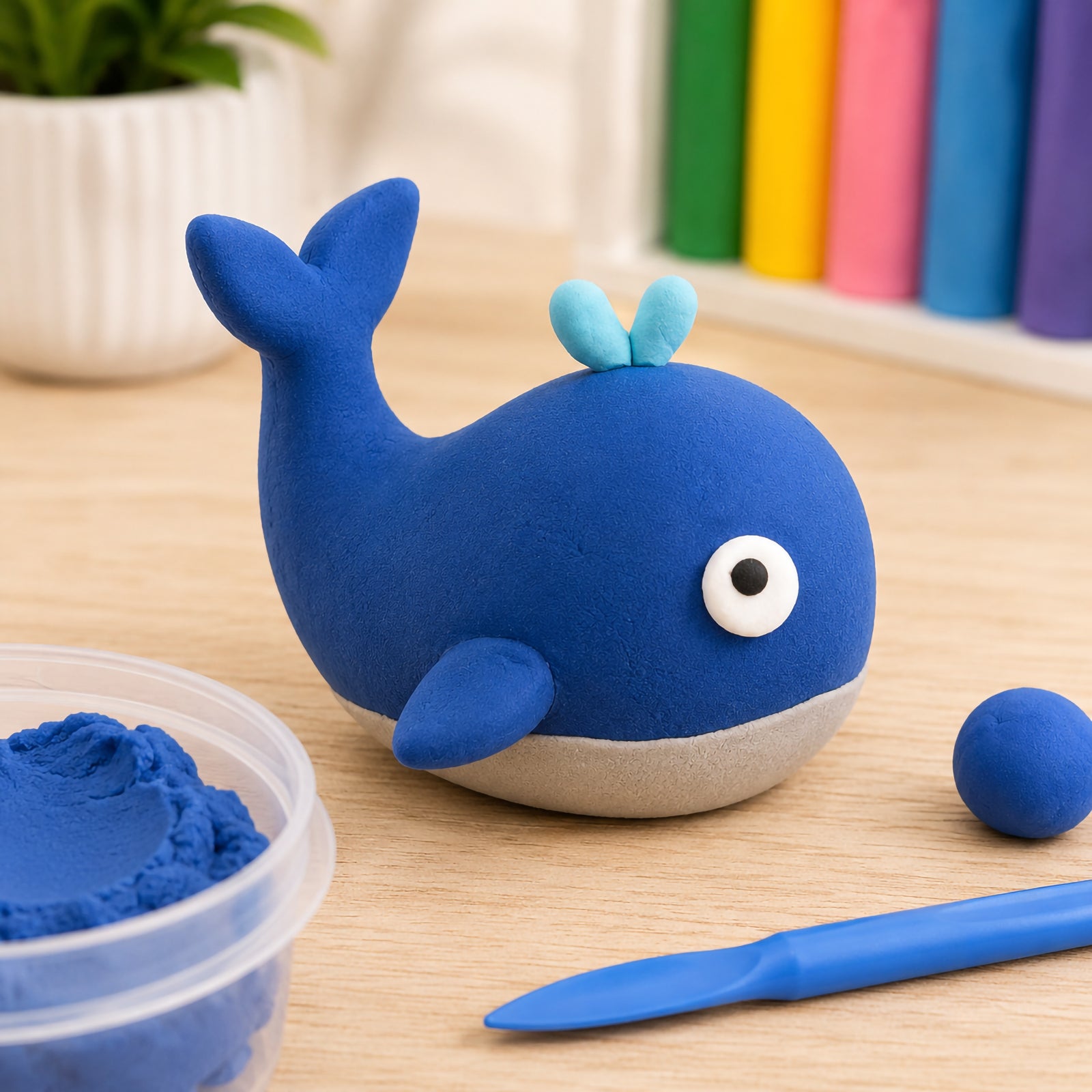 Detailed whale sculpture created from blue CreativeClay positioned beside sculpting tools and an open clay container. The image demonstrates the clay's flexibility, smooth finish and ability to create rounded shapes, decorative figures and imaginative marine themed projects.
