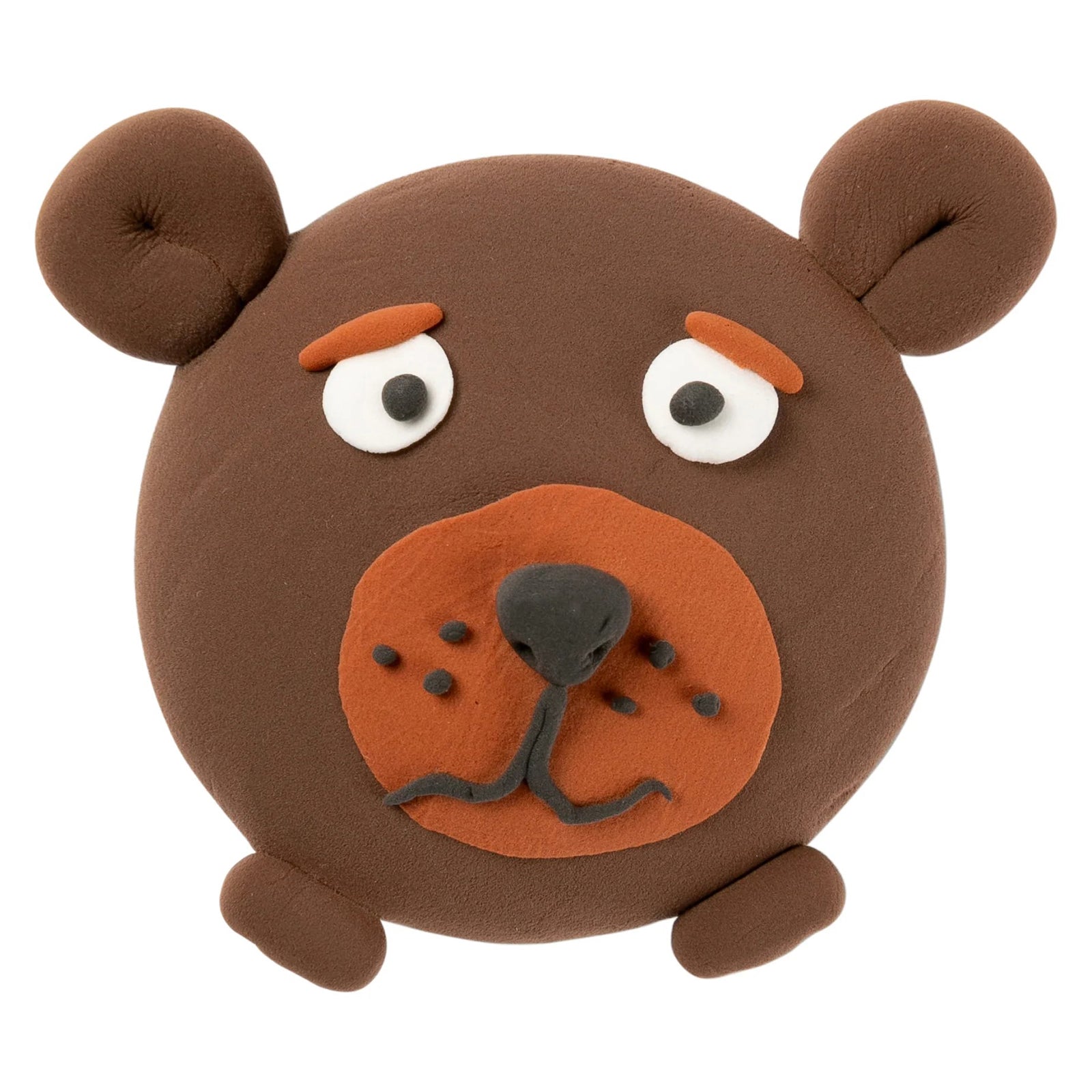 Front facing view of a handcrafted bear character featuring detailed facial features and natural brown colouring. The image demonstrates how the clay can be used to create playful animal figures, educational displays and decorative craft projects.