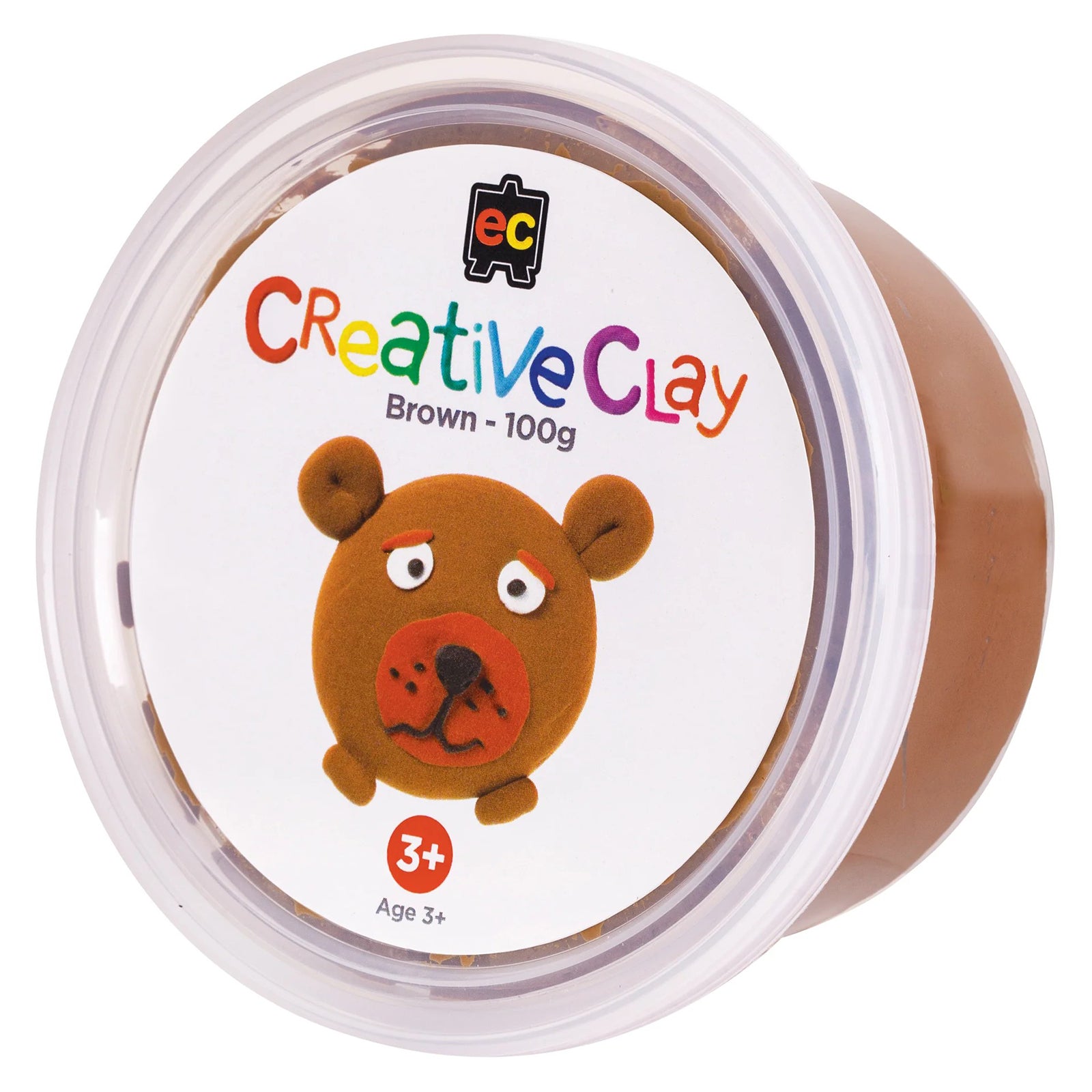 Retail packaging of Educational Colours CreativeClay Brown 100g shown against a clean white background. The container clearly displays product branding, colour identification and age suitability for arts, crafts and creative learning activities.