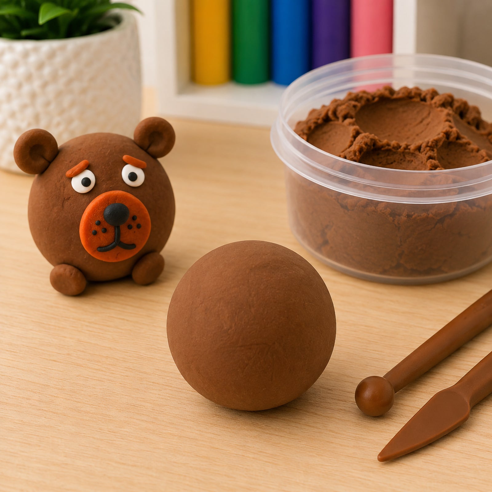 Educational Colours CreativeClay Brown 100g displayed on a wooden tabletop with a smooth brown clay ball, sculpting tools and a handcrafted bear figure. The image highlights the clay's natural earthy colour, smooth texture and suitability for creating animal themed models and imaginative craft projects.