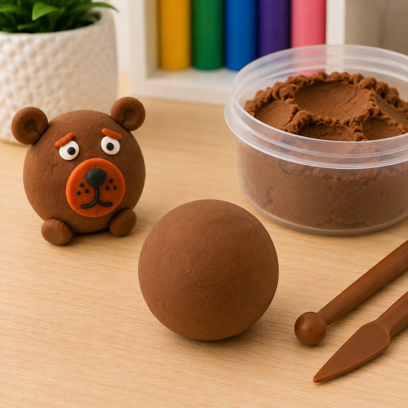 Educational Colours CreativeClay Brown 100g displayed on a wooden tabletop with a smooth brown clay ball, sculpting tools and a handcrafted bear figure. The image highlights the clay's natural earthy colour, smooth texture and suitability for creating animal themed models and imaginative craft projects.