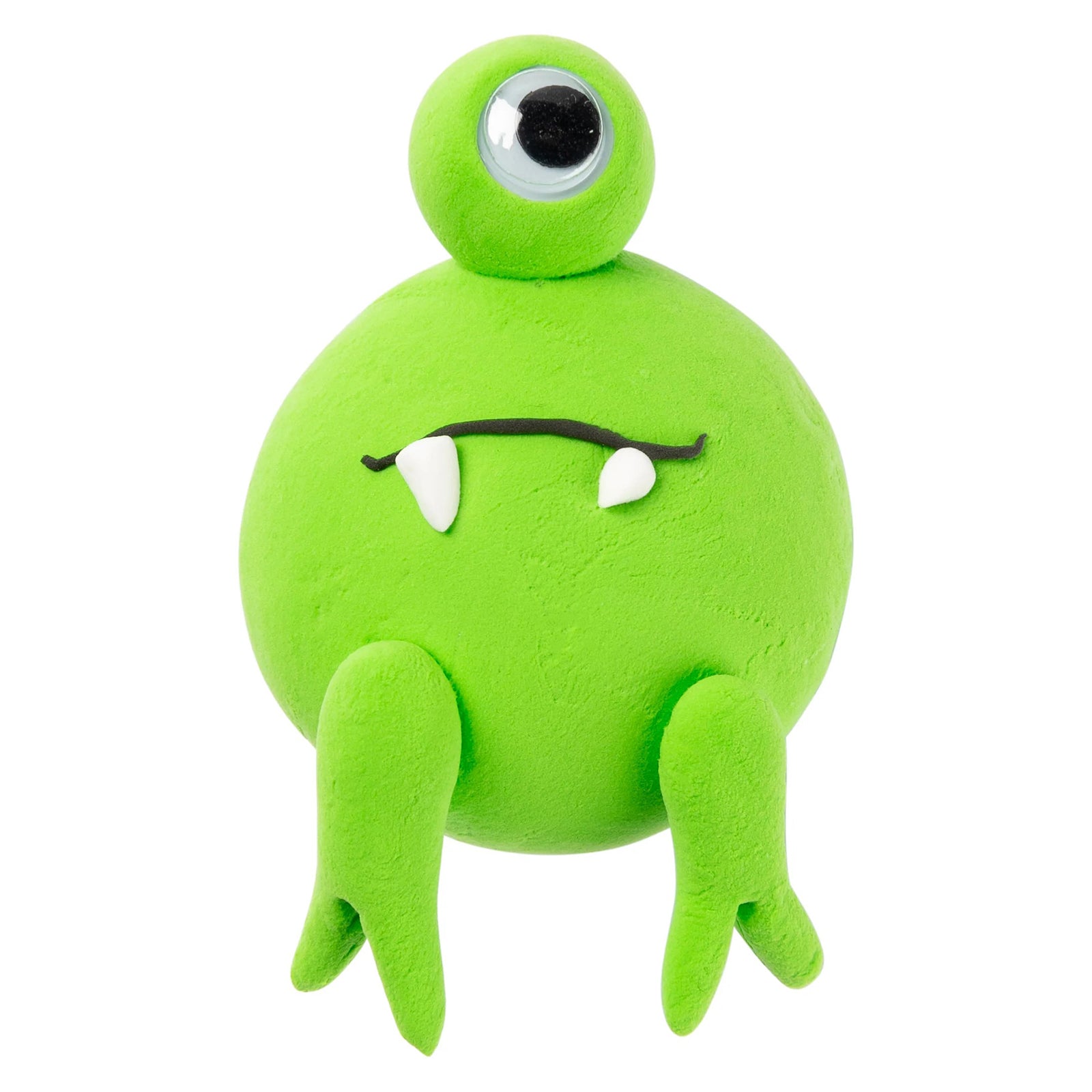 Front facing view of a handcrafted one eyed creature created using fluoro green clay with white and black detailing. The image demonstrates how the clay can be shaped into fun characters, imaginative models and creative educational projects.