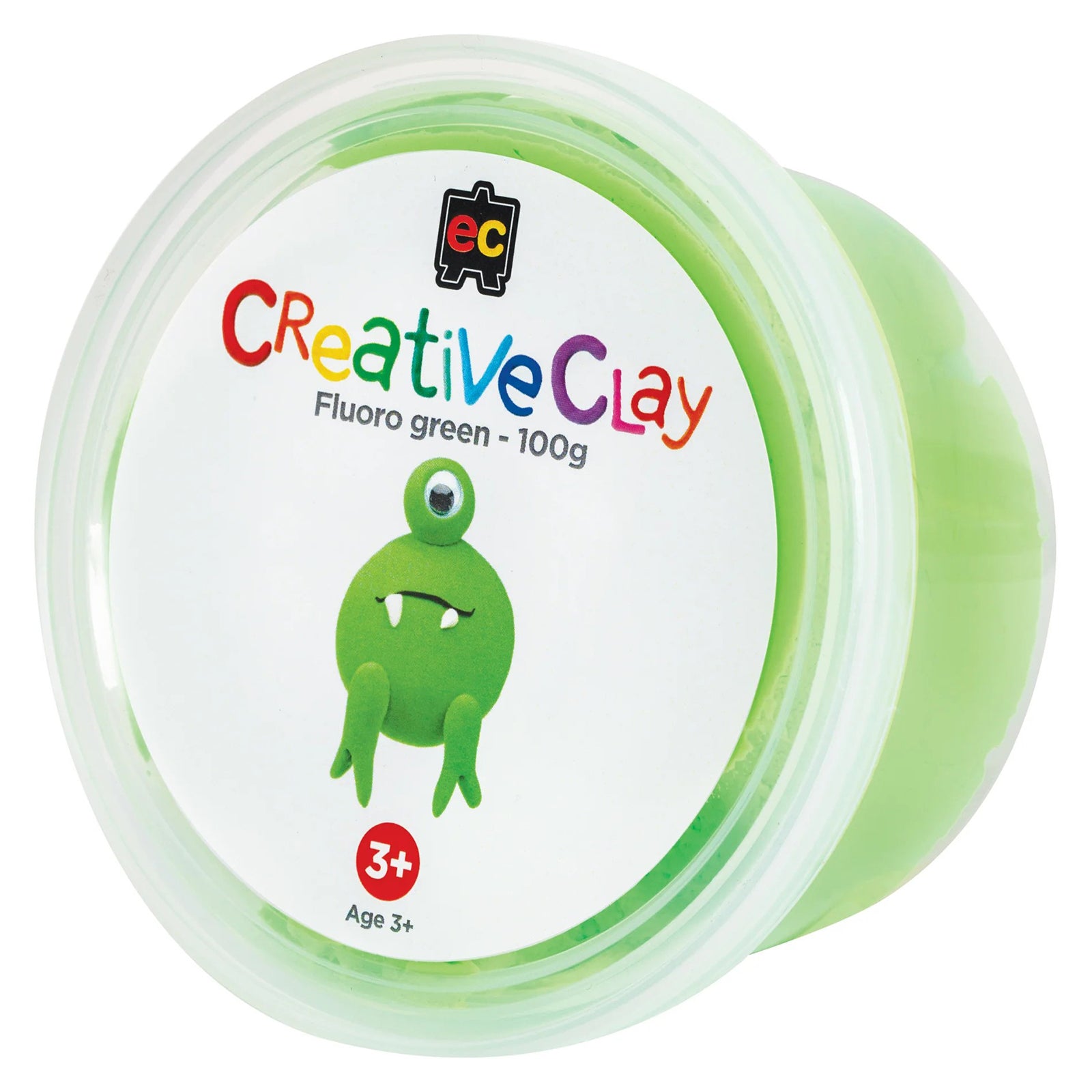 Retail packaging of Educational Colours CreativeClay Fluoro Green 100g shown against a clean white background. The container clearly displays the product branding, colour identification and age suitability for arts, crafts and learning environments.