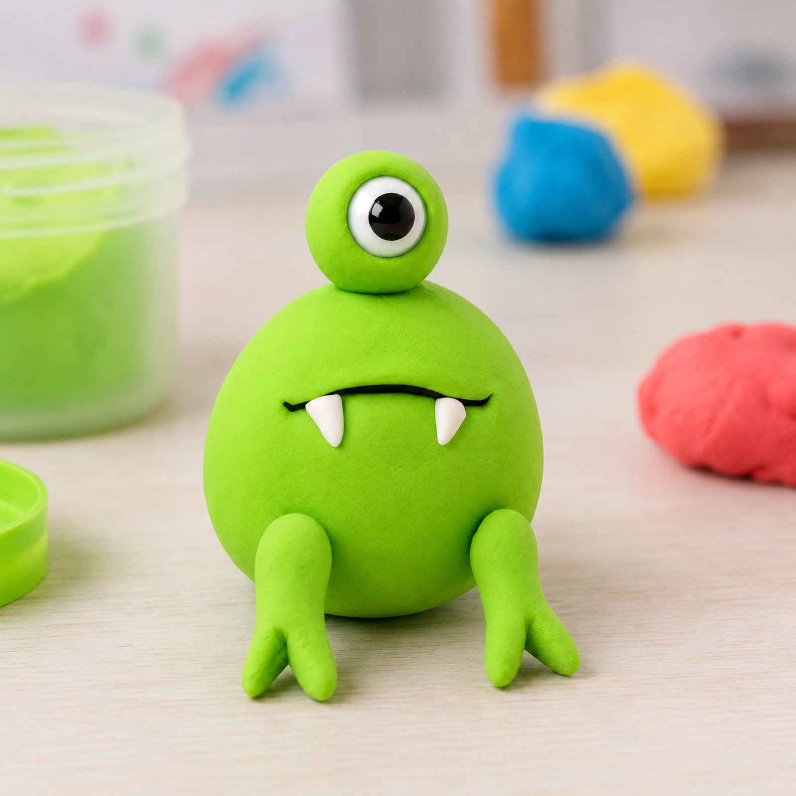 Finished monster model positioned beside Educational Colours CreativeClay Fluoro Green 100g packaging and a piece of unused clay. The image demonstrates the product's bright colour, lightweight modelling capabilities and suitability for classroom and home craft activities.
