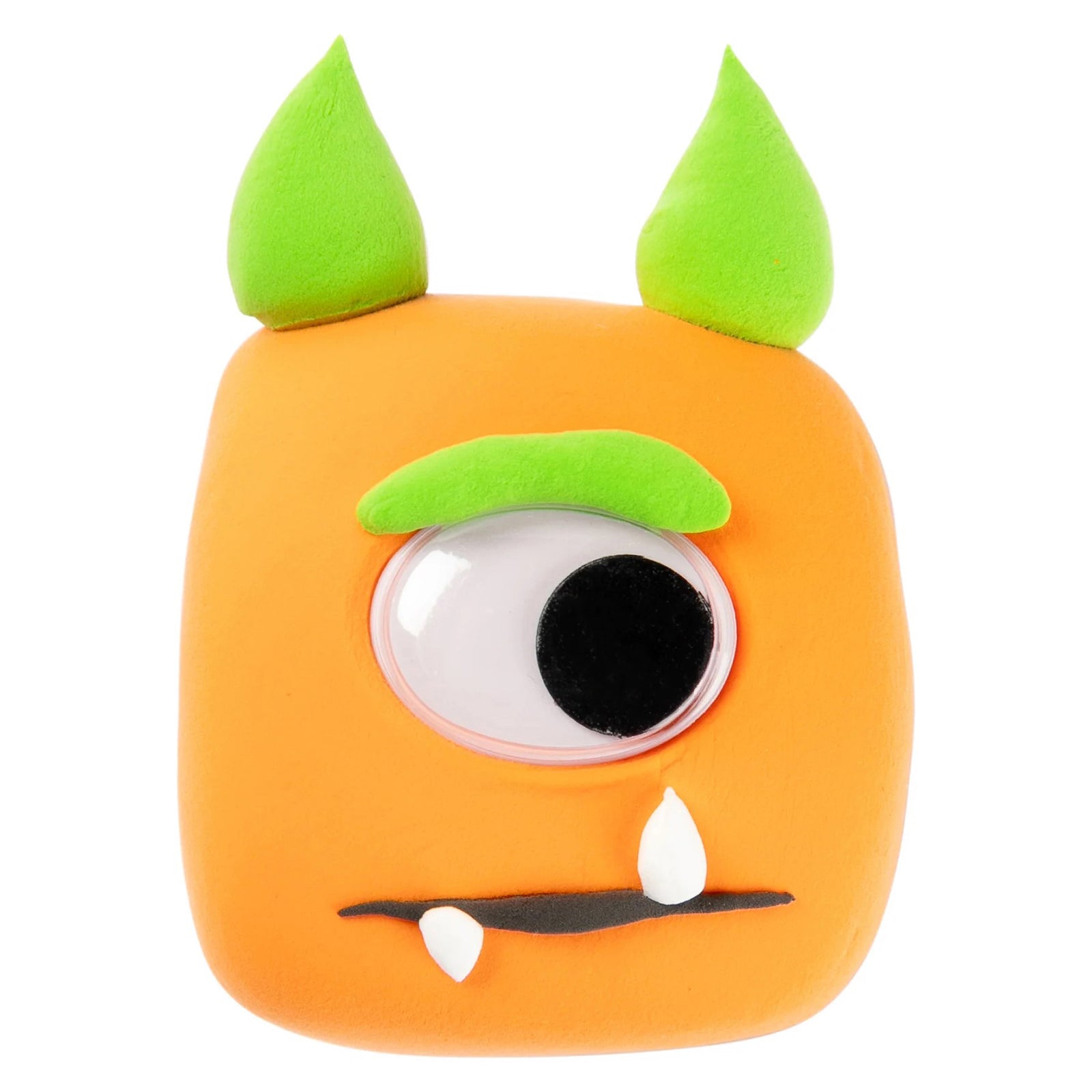 Front facing studio image of a playful one eyed monster crafted from fluoro orange clay with contrasting green and white details. The design showcases the material's ability to create clean shapes, detailed features and eye catching creative characters.