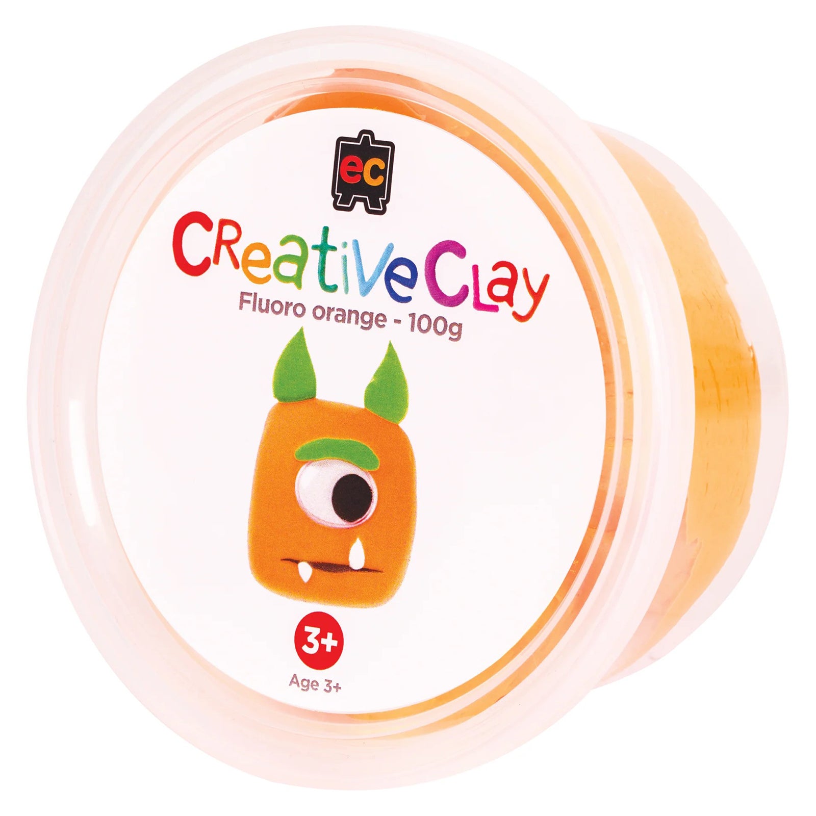Retail container of Educational Colours CreativeClay Fluoro Orange 100g displayed against a clean white background. The packaging clearly identifies the bright fluorescent colour, product branding and suitability for children aged three years and above.