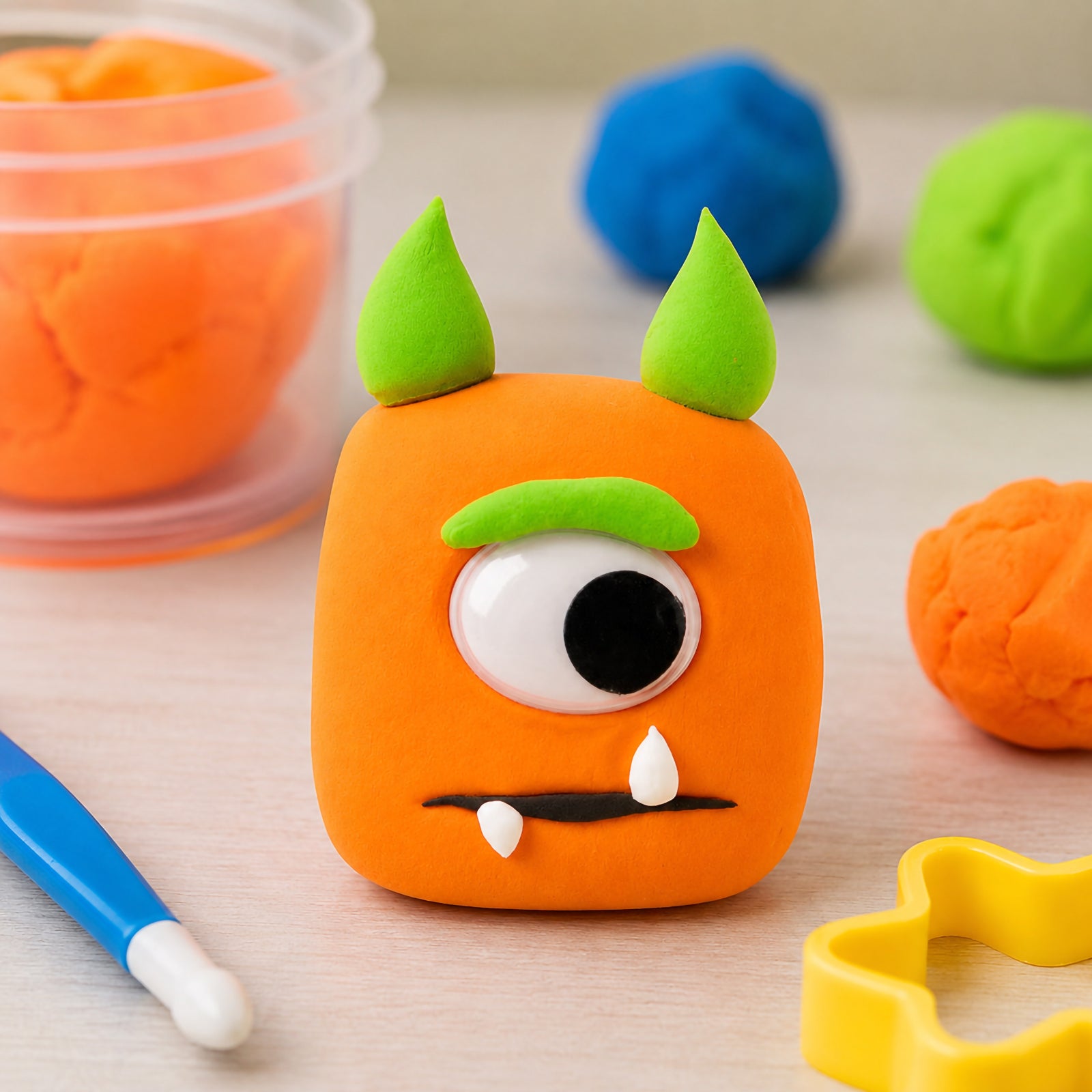 Fun one eyed monster character sculpted from fluoro orange CreativeClay with bright green horns and eyebrow details. The image demonstrates the clay's flexibility, smooth finish and ability to create detailed fantasy creatures, imaginative characters and engaging children's craft projects.