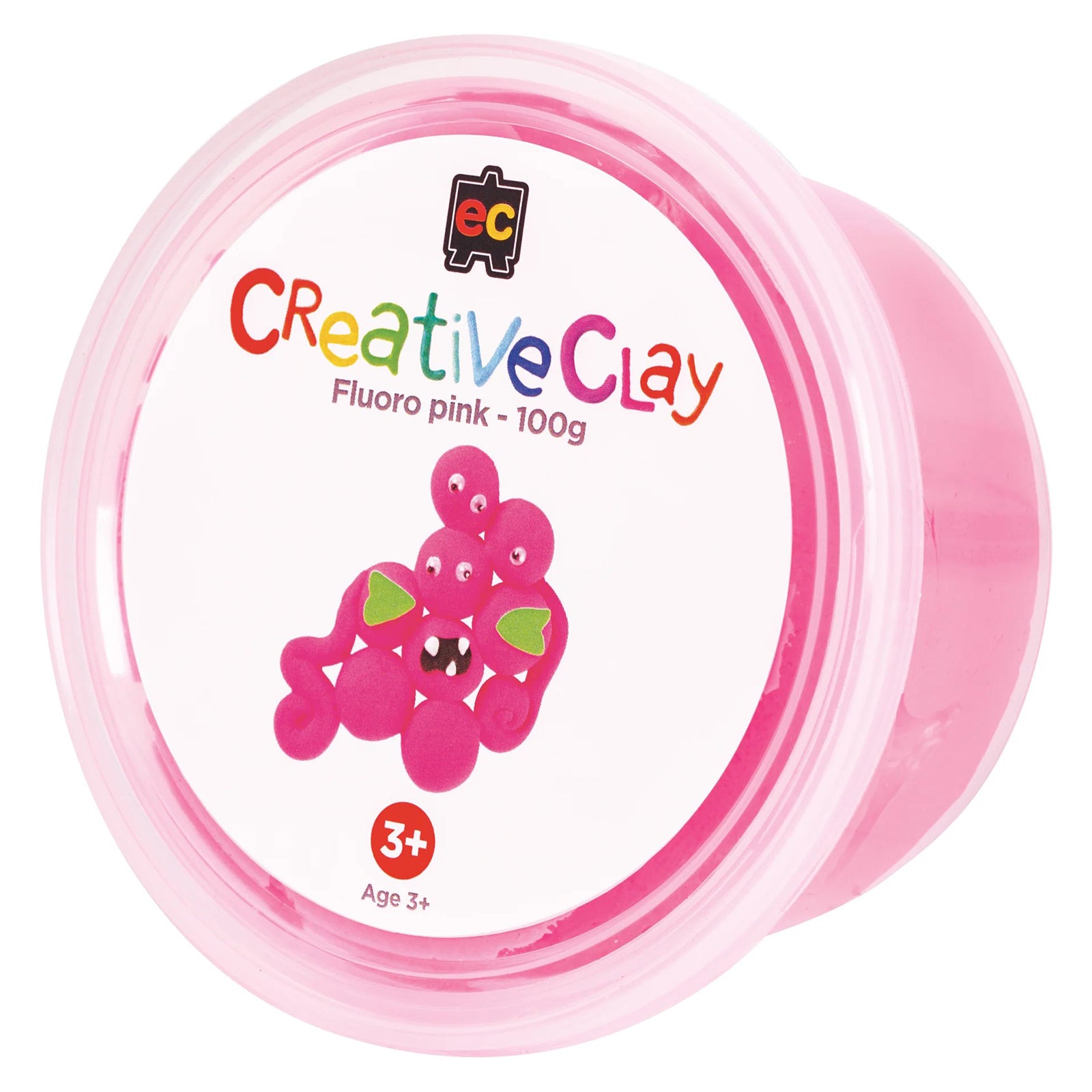 Educational Colours CreativeClay Fluoro Pink 100g retail container displayed on a clean white background. The packaging clearly identifies the product colour, branding and recommended age suitability for creative use by children and hobbyists.