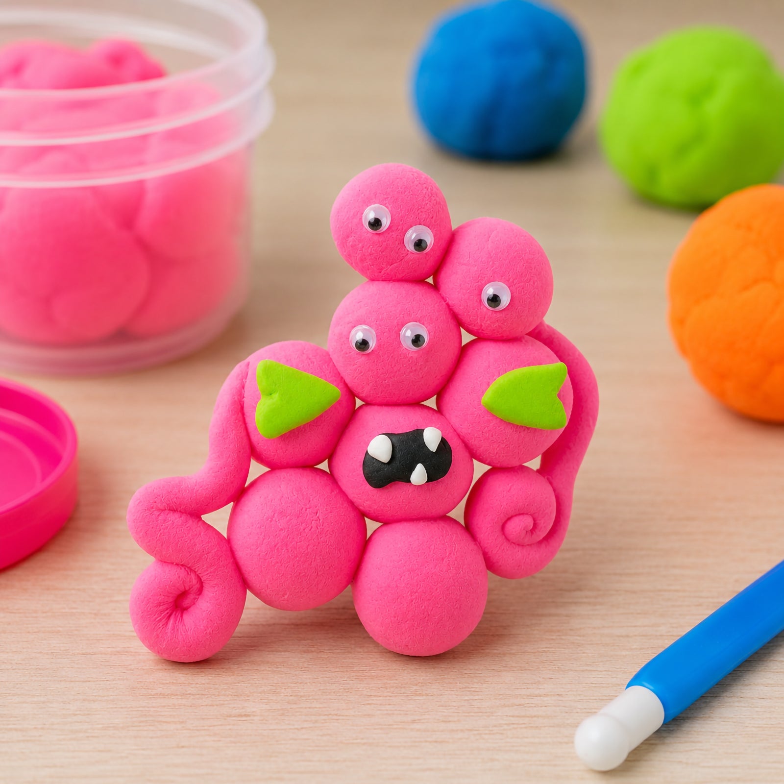 Fun monster style character crafted from multiple pink clay spheres with decorative green ears and googly eyes. This image demonstrates the clay's flexibility, lightweight structure and ability to create imaginative creatures, playful designs and detailed artistic projects.