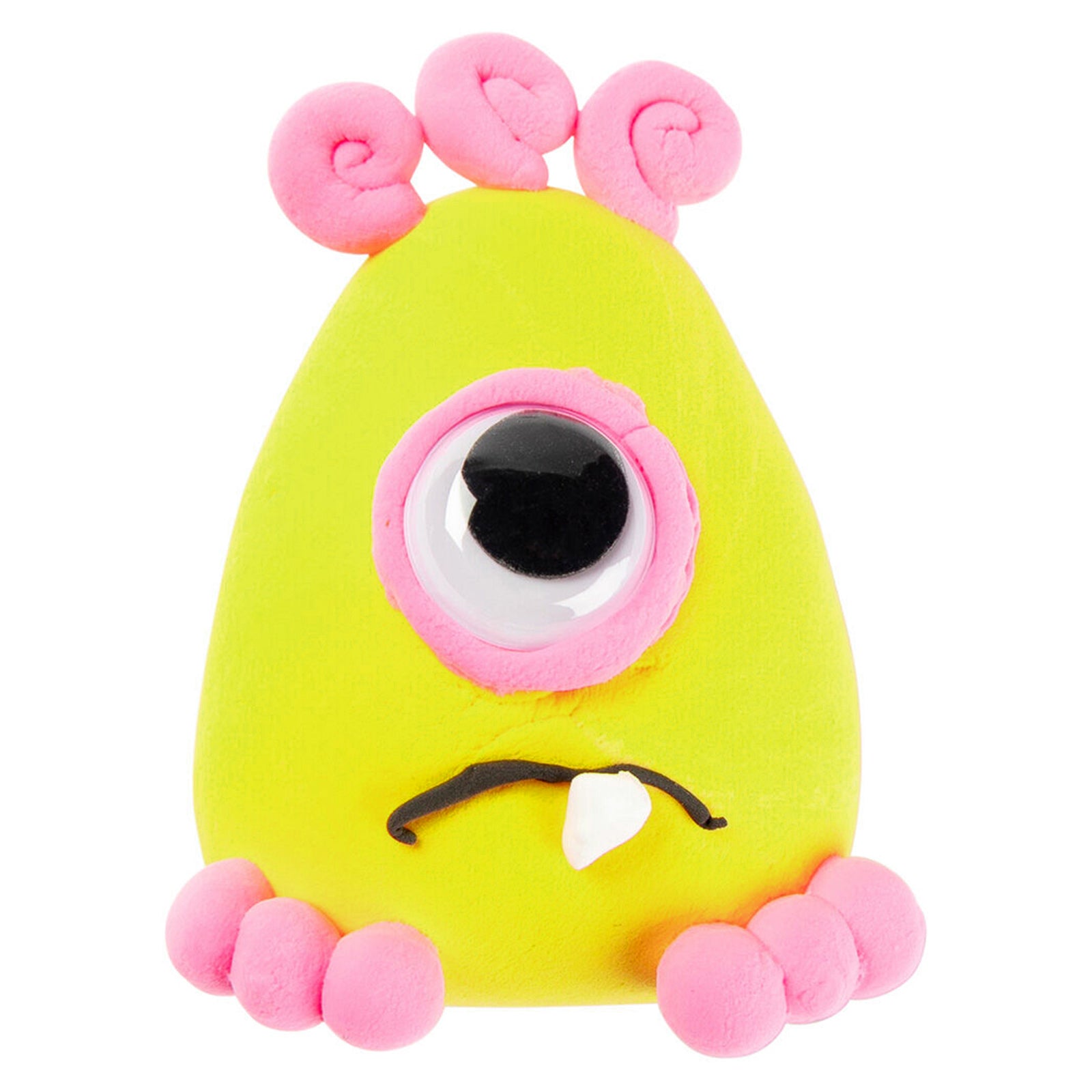 Detailed display of a whimsical yellow monster character with pink decorative features and a large eye. The image highlights the clay's sculpting capabilities and demonstrates how colourful, imaginative designs can be created with ease.