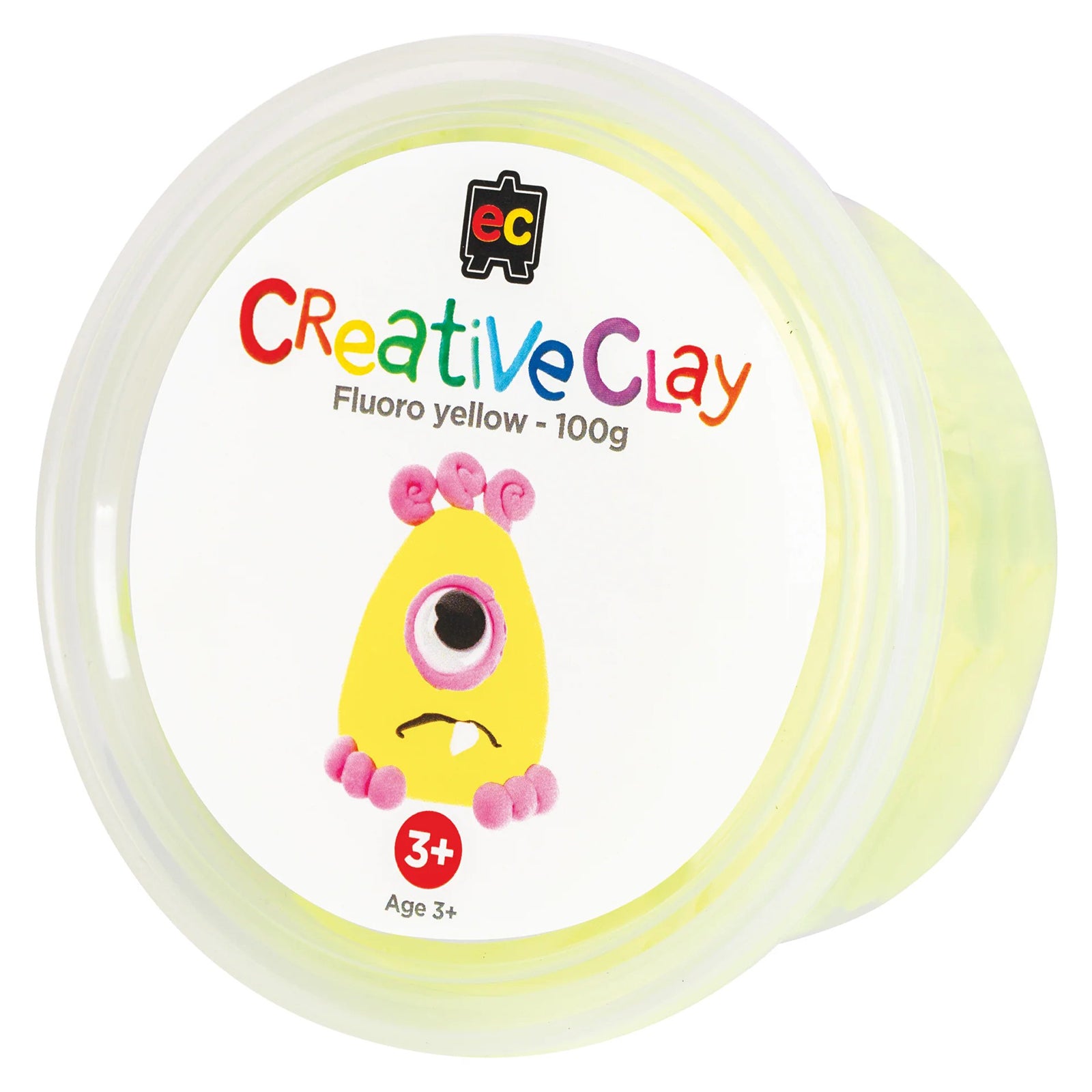 Educational Colours CreativeClay Fluoro Yellow 100g container shown on a clean white background. The packaging clearly displays product branding, colour identification and age suitability for creative crafting and modelling activities.