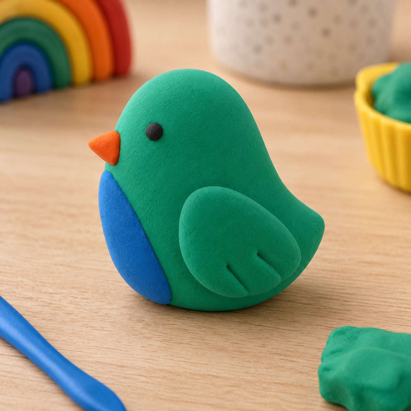 Colourful bird sculpture crafted from green CreativeClay with blue and orange accents, displayed on a craft table beside modelling tools and clay pieces. The image demonstrates the clay's versatility for creating detailed animal figures and imaginative art projects.
