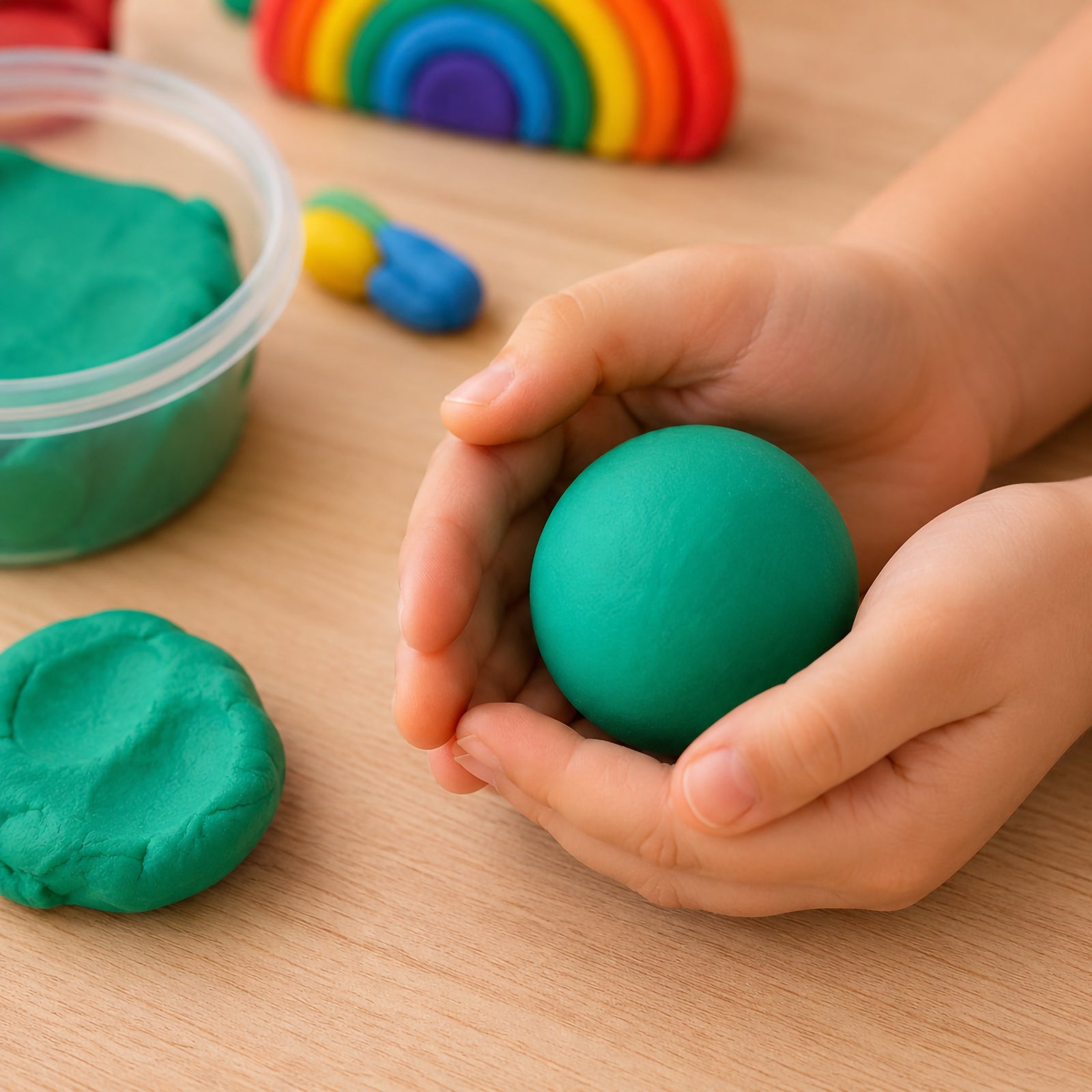Child's hands rolling a smooth ball of green CreativeClay on a wooden tabletop beside an open container of clay. The image highlights the soft texture, easy moulding properties and sensory benefits of the modelling clay for young learners and creative play activities.