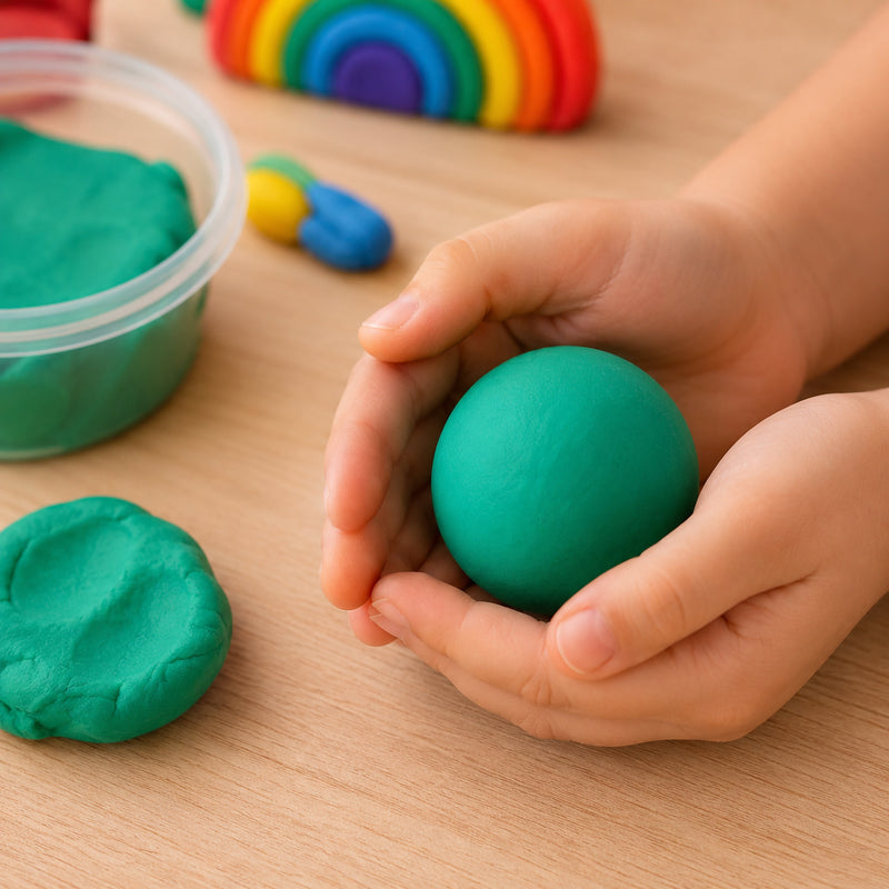 Child's hands rolling a smooth ball of green CreativeClay on a wooden tabletop beside an open container of clay. The image highlights the soft texture, easy moulding properties and sensory benefits of the modelling clay for young learners and creative play activities.