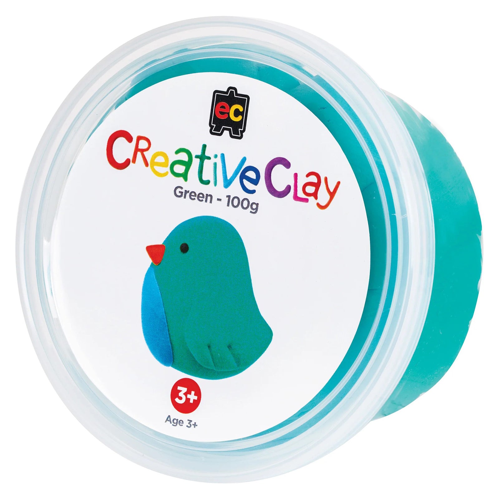 Educational Colours CreativeClay Green 100g container displayed on a white background with product branding and bird illustration. The image clearly presents packaging details for retail, classroom supply purchasing and online catalogue listings.