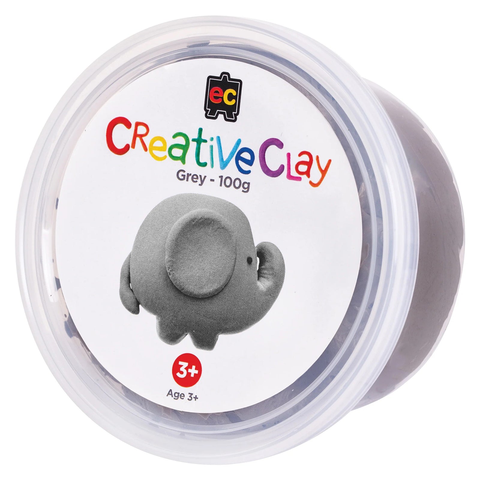 Educational Colours CreativeClay Grey 100g container presented on a clean white background with clear product branding and colour identification. Ideal for online retail listings, classroom resource selection and art supply catalogues.