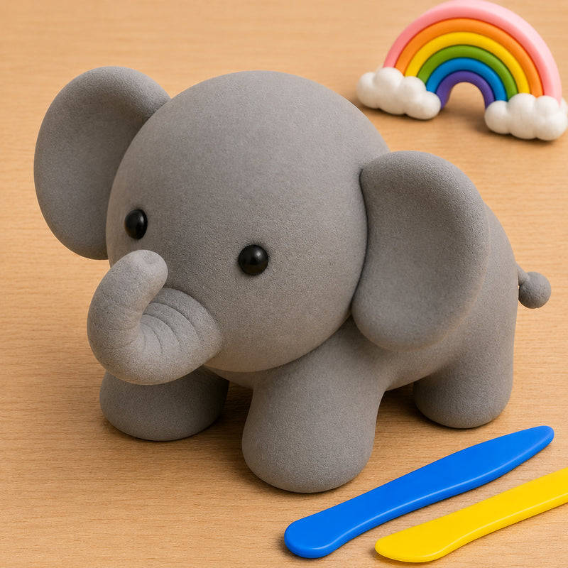 A charming elephant sculpture created from grey CreativeClay, featuring rounded shapes, large ears and a curved trunk. The image demonstrates the clay's excellent moulding capabilities and ability to create realistic animal themed models with smooth finishes.